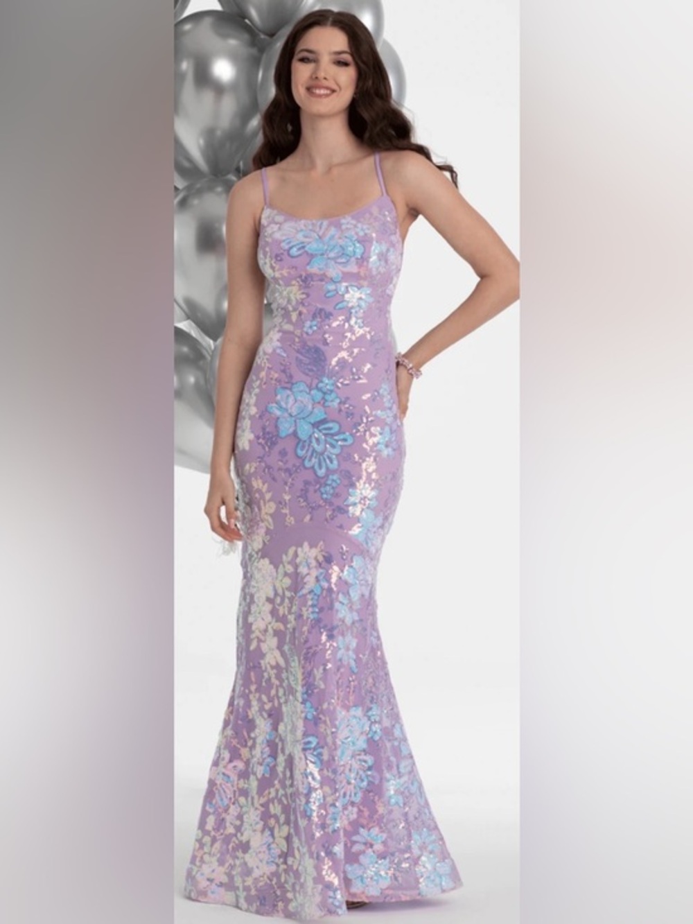 Lilac Double Clasp Back Floral Sequin Mermaid Dress, NWT. Juniors Size 5 NWT